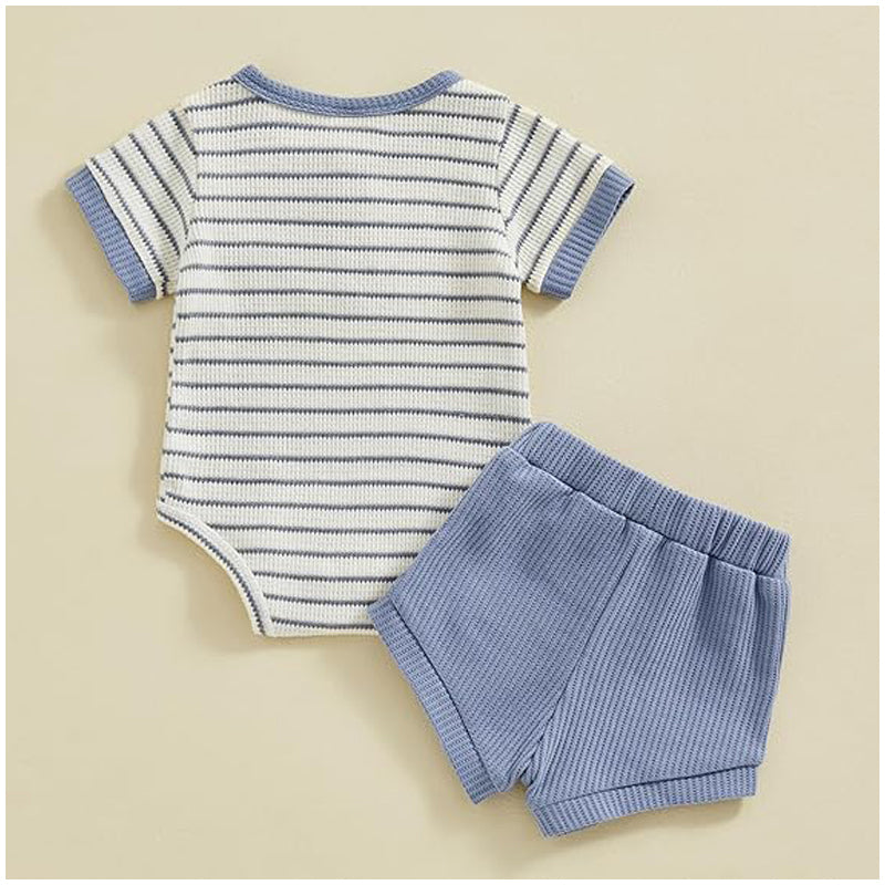 Salopetă bebeluși băieți, cu nasturi, mânecă scurtă, model vafle, set pantaloni scurți, ținută moale de vară pentru sugari
