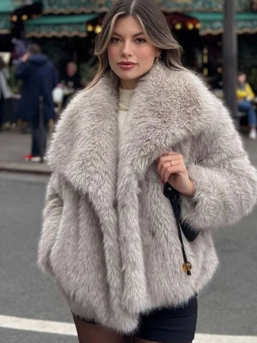 Jachetă de iarnă tip palton, pufoasă, groasă și călduroasă, cu rever, model fashion, mânecă lungă, casual, îmbrăcăminte de damă