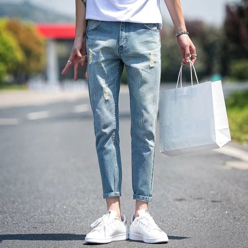 Pantaloni cropped din denim rupt, pentru bărbați