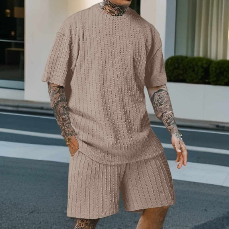 Set din două piese bărbătesc, sport, uni, cu tricou cu decolteu rotund și model vertical