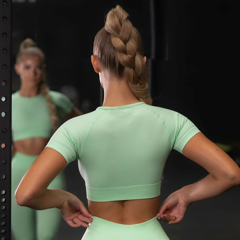 Set sportiv de yoga fără cusături pentru femei, colanți de alergare, topuri cu mânecă scurtă