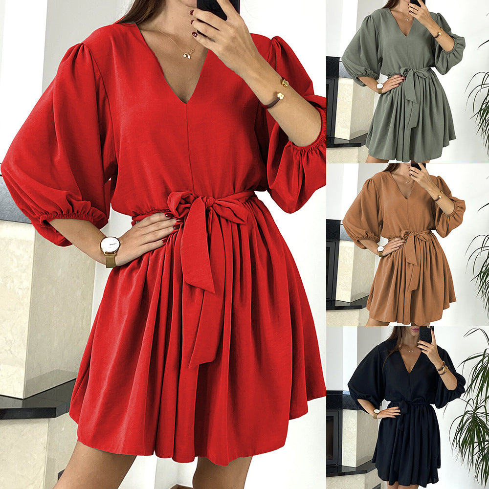 Rochie de vară din mătase rece, cu decolteu în V, șic, sexy și mânecă trei sferturi