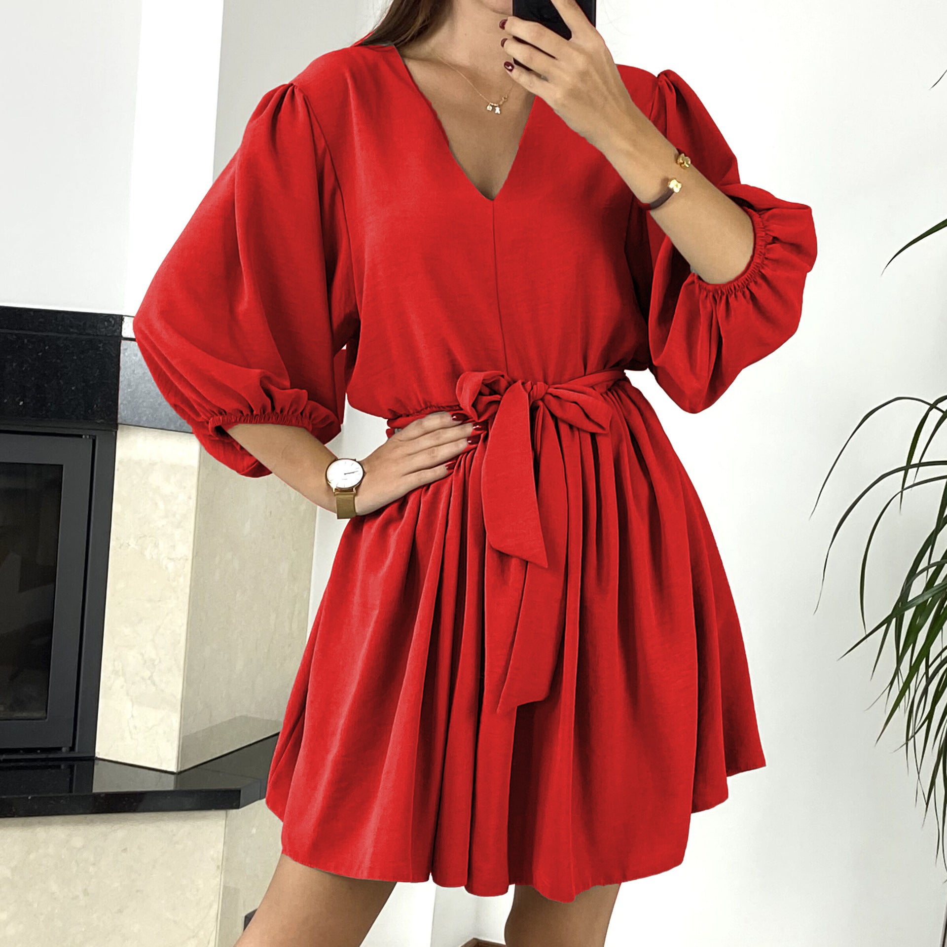 Rochie de vară din mătase rece, cu decolteu în V, șic, sexy și mânecă trei sferturi