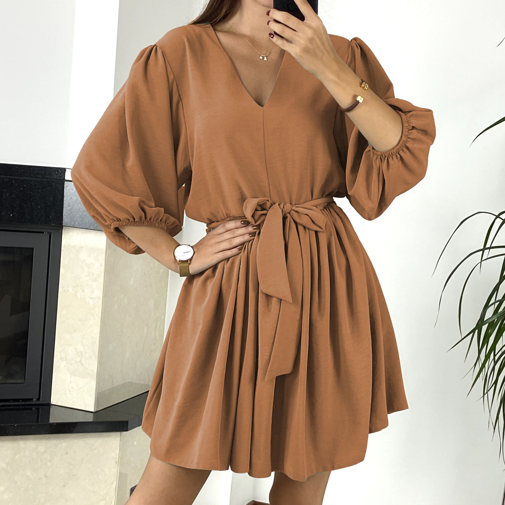 Rochie de vară din mătase rece, cu decolteu în V, șic, sexy și mânecă trei sferturi