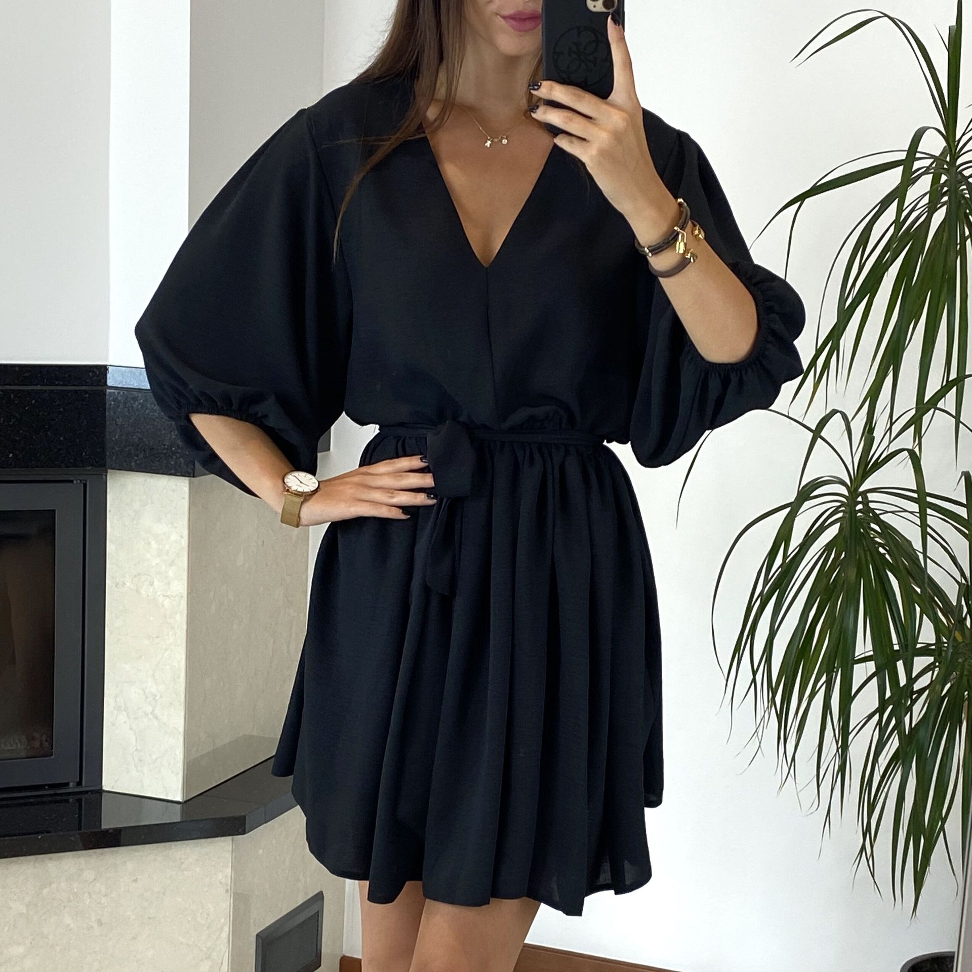 Rochie de vară din mătase rece, cu decolteu în V, șic, sexy și mânecă trei sferturi