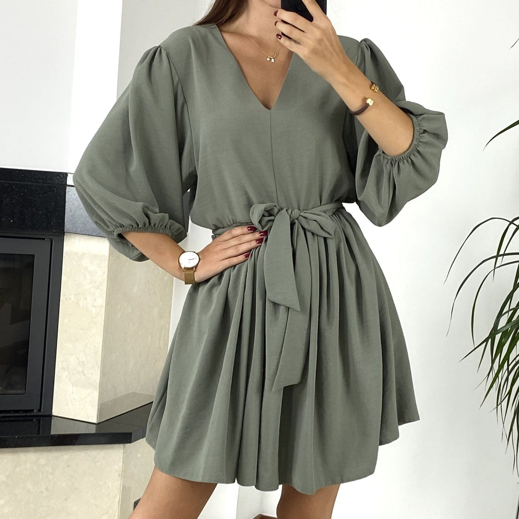 Rochie de vară din mătase rece, cu decolteu în V, șic, sexy și mânecă trei sferturi