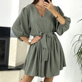 Rochie de vară din mătase rece, cu decolteu în V, șic, sexy și mânecă trei sferturi