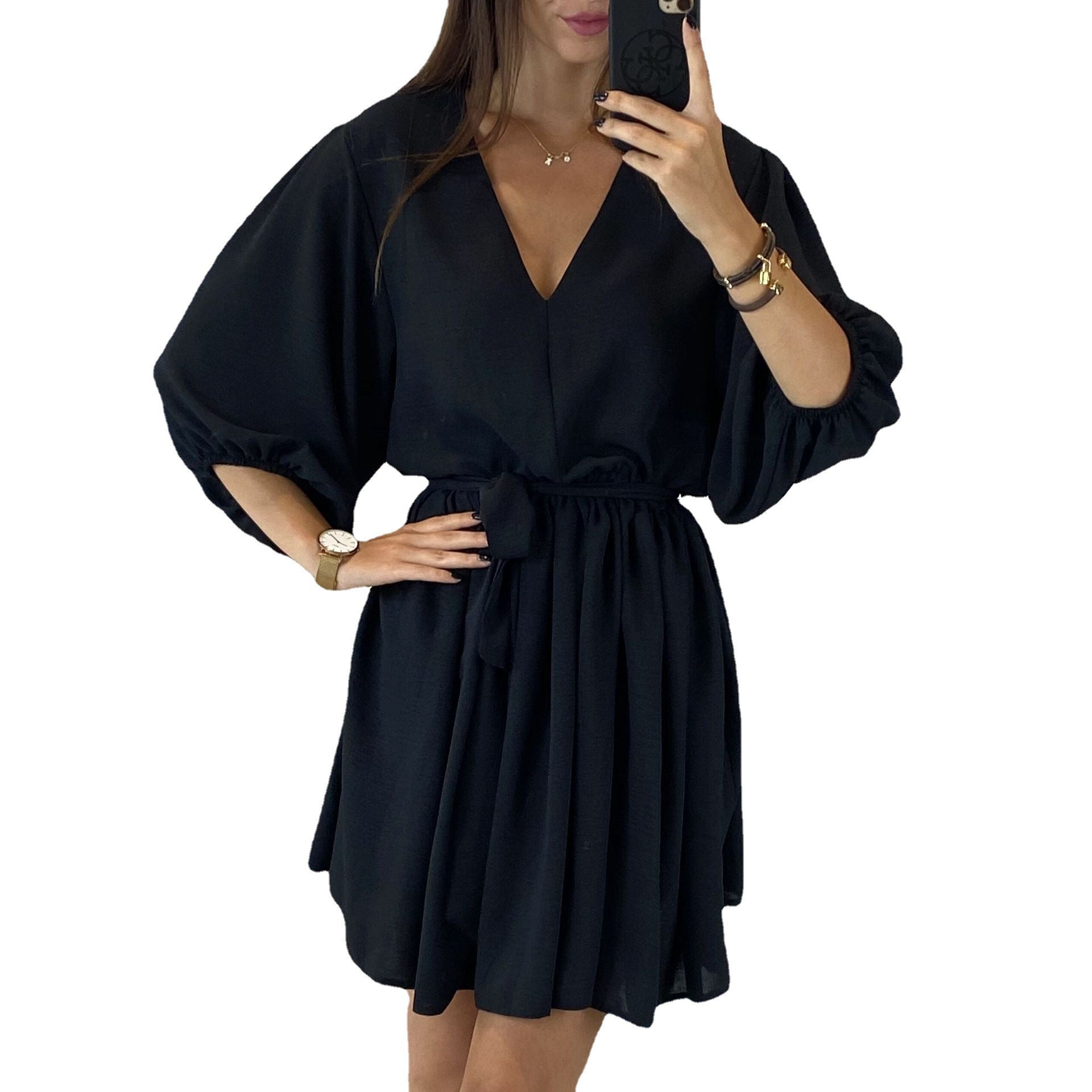 Rochie de vară din mătase rece, cu decolteu în V, șic, sexy și mânecă trei sferturi