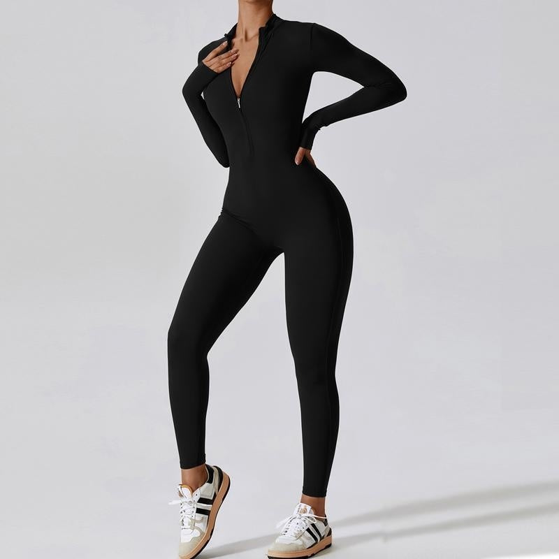 Salopetă cu fermoar, mâneci lungi, pentru yoga, fitness, pantaloni de antrenament, colanți, salopetă sport fără cusături, mulată pe șolduri, pentru femei