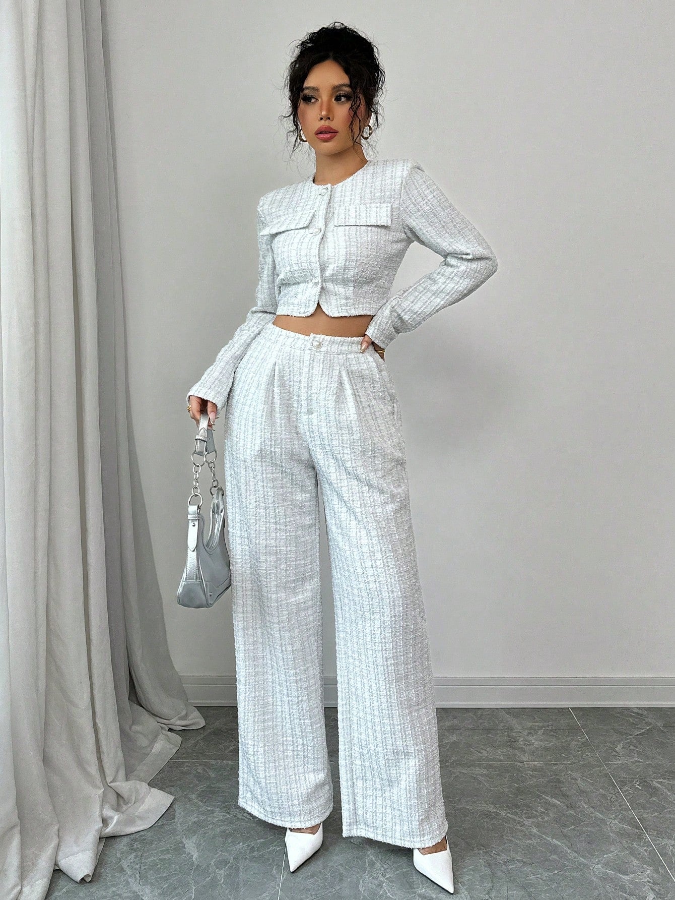 Costum cu pantaloni scurți și mâneci lungi de primăvară și toamnă, jachetă scurtă din tweed cu nasturi din perle
