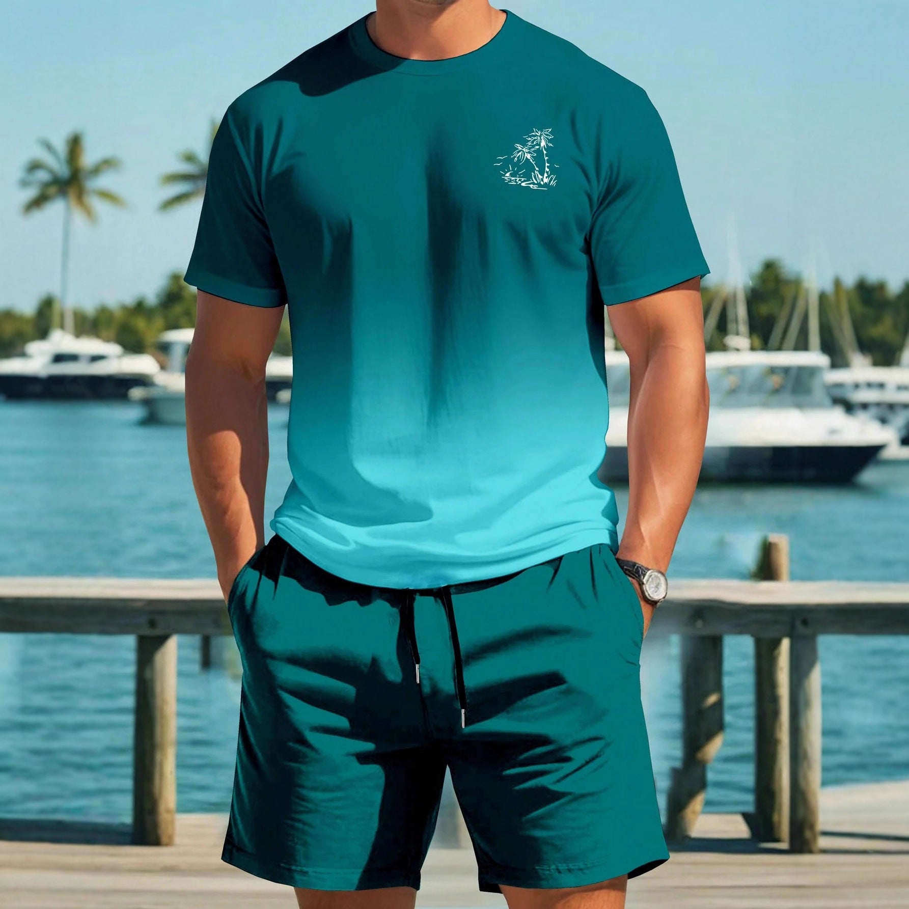 Set din două piese pentru bărbați, top cu mânecă scurtă și pantaloni scurți, sport, casual, cu imprimeu, pentru exterior