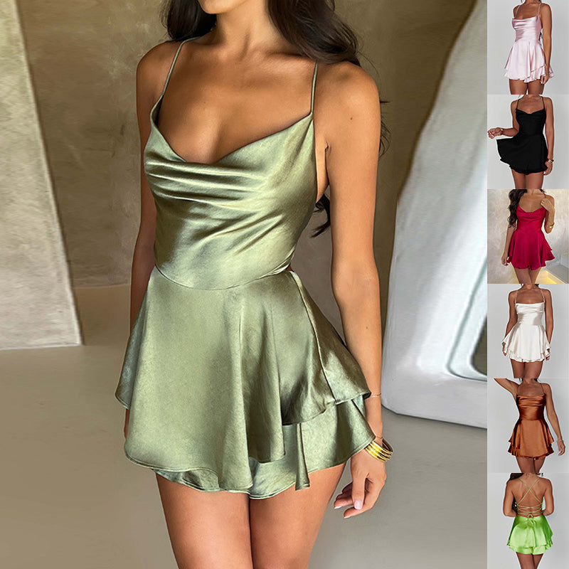 Fustă sexy cu jartiere pentru femei, elegantă, subțire, cu bretele, din satin, fără spate, cu șireturi, rochie scurtă în linie A, de damă