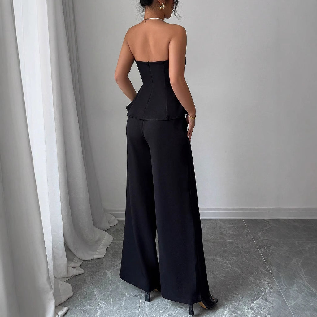 Set Damă Elegant cu Vestă Off-the-shoulder și Pantaloni Cu Croială Largă