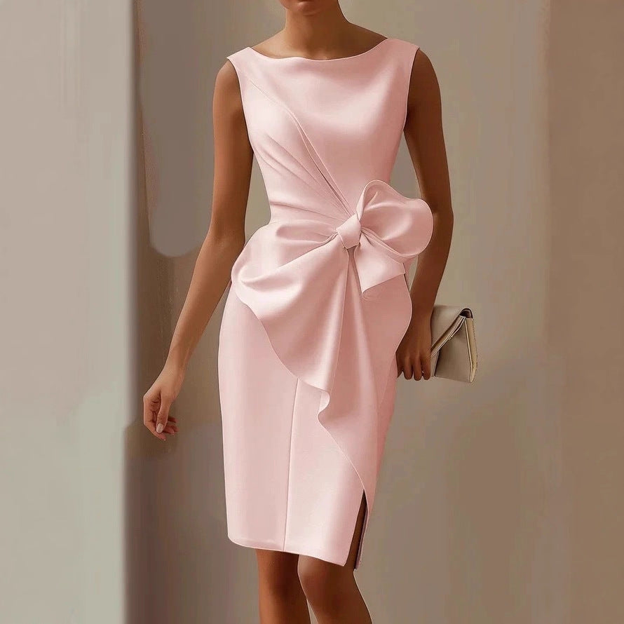 Rochie Midi Fără Mâneci cu Fundă la Modă