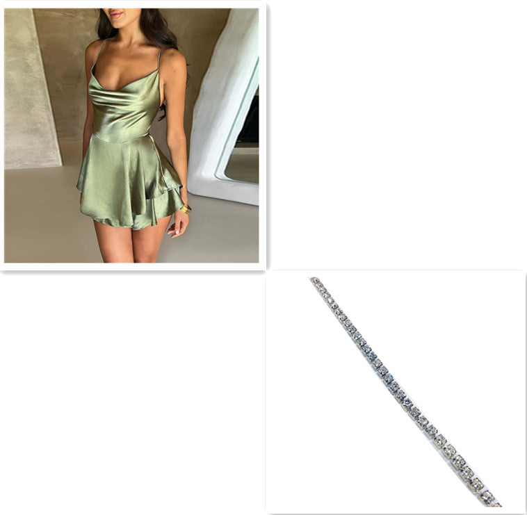 Fustă sexy cu jartiere pentru femei, elegantă, subțire, cu bretele, din satin, fără spate, cu șireturi, rochie scurtă în linie A, de damă