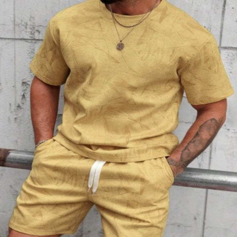 Set din două piese pentru bărbați, top cu mânecă scurtă și pantaloni scurți, sport, casual, cu imprimeu, pentru exterior