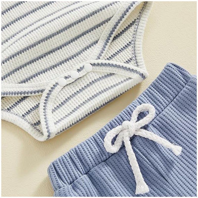 Salopetă bebeluși băieți, cu nasturi, mânecă scurtă, model vafle, set pantaloni scurți, ținută moale de vară pentru sugari