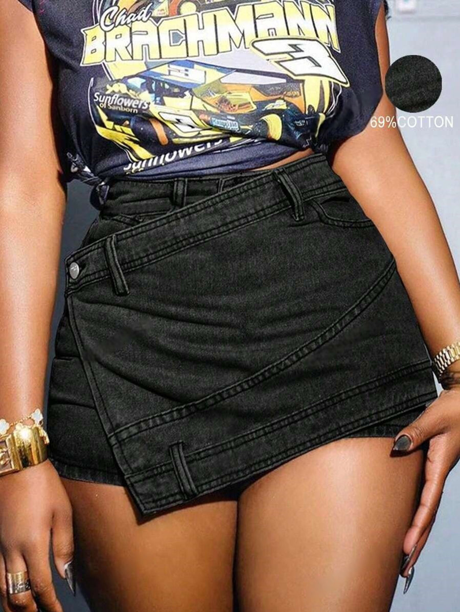 Pantaloni scurți-fustă din denim stil grunge punk de stradă, noi, vintage, elastici, cu talie suprapusă, înfășurați, cu tiv asimetric, croială A-line, skinny, haine de Halloween, blugi