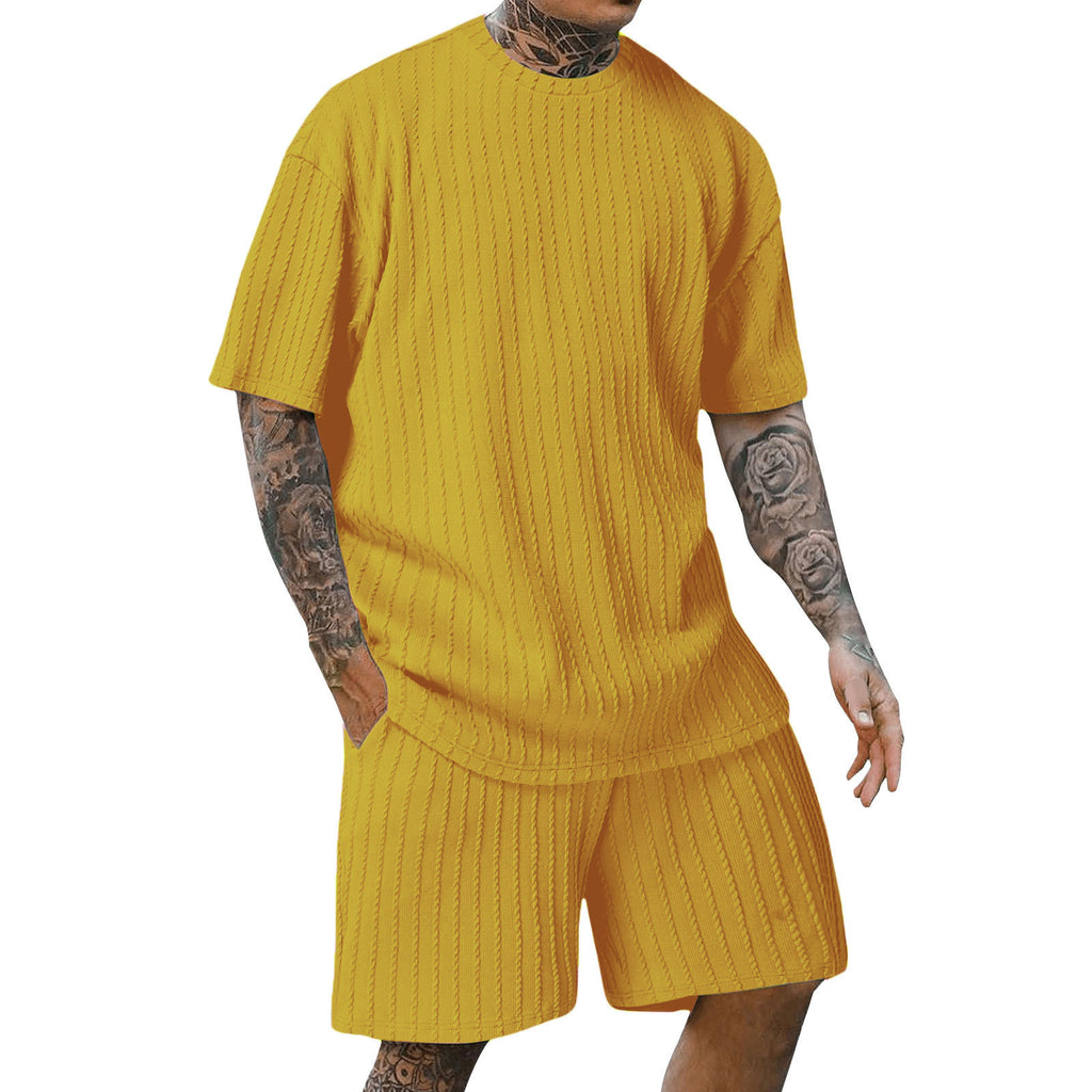 Set din două piese bărbătesc, sport, uni, cu tricou cu decolteu rotund și model vertical