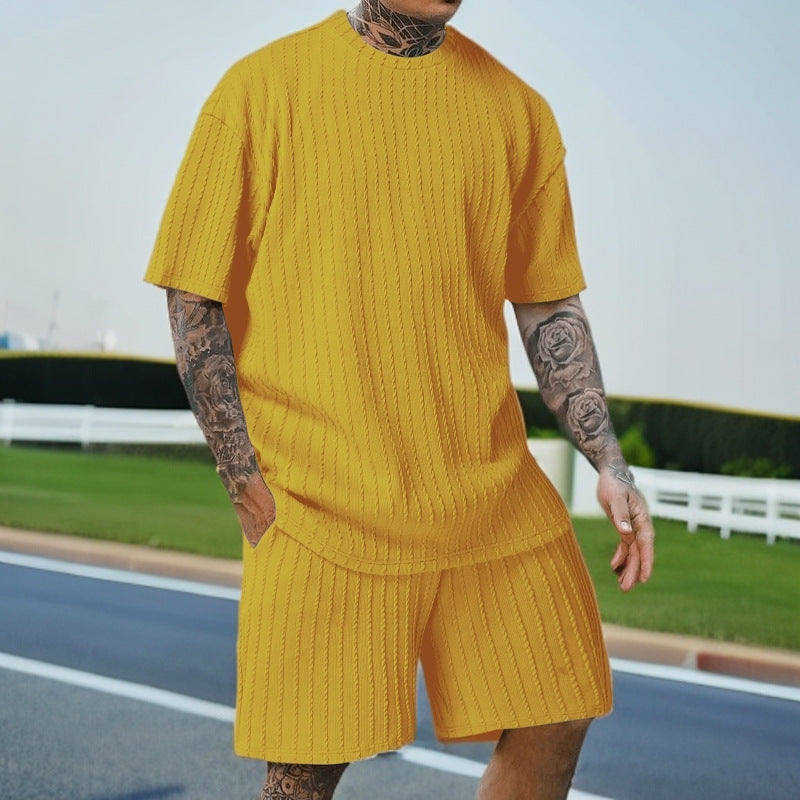 Set din două piese bărbătesc, sport, uni, cu tricou cu decolteu rotund și model vertical