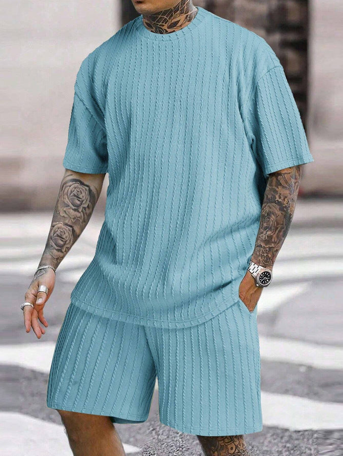 Set din două piese bărbătesc, sport, uni, cu tricou cu decolteu rotund și model vertical