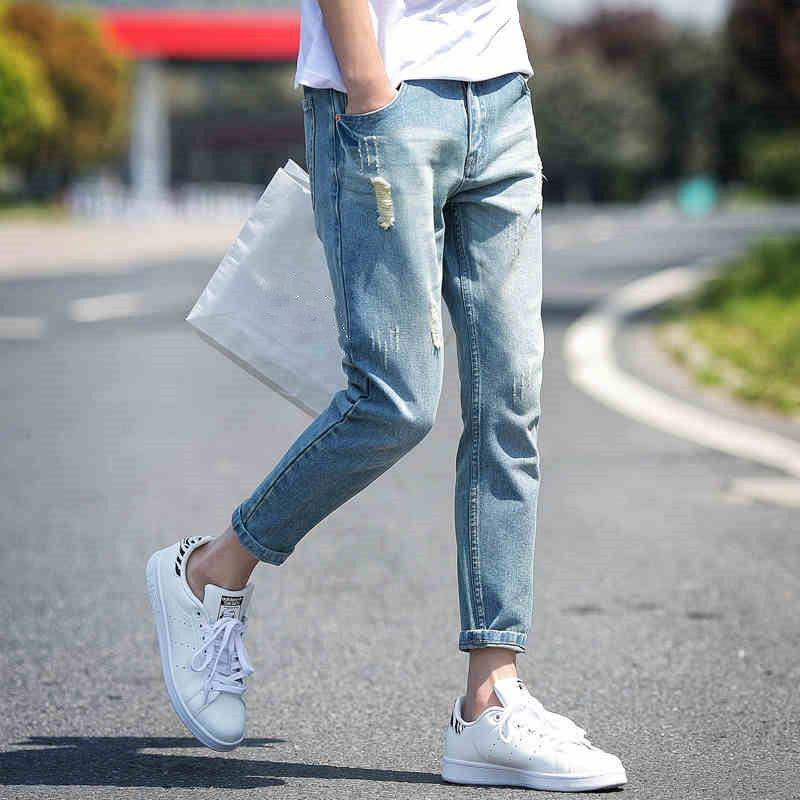 Pantaloni cropped din denim rupt, pentru bărbați