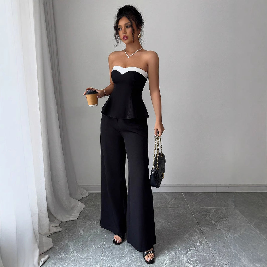 Set Damă Elegant cu Vestă Off-the-shoulder și Pantaloni Cu Croială Largă