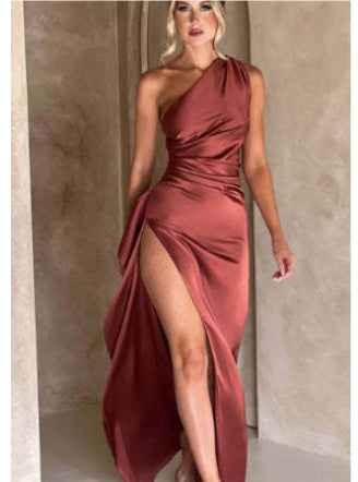 Rochie sexy, fără mâneci, cu un umăr, fără spate, cu șliț, elegantă, de vară, mulată, din satin, de culoare uni, pentru femei
