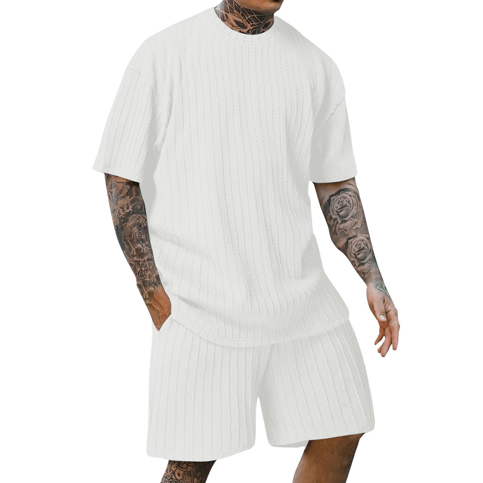 Set din două piese bărbătesc, sport, uni, cu tricou cu decolteu rotund și model vertical