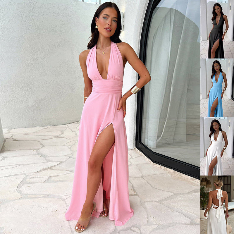 Rochie sexy cu bretele, de vară, decolteu în V, șliț, fără spate, cu bretele subțiri, la modă, elegantă, pentru femei