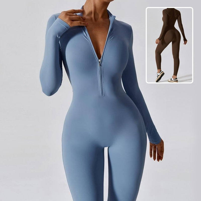 Salopetă cu fermoar, mâneci lungi, pentru yoga, fitness, pantaloni de antrenament, colanți, salopetă sport fără cusături, mulată pe șolduri, pentru femei