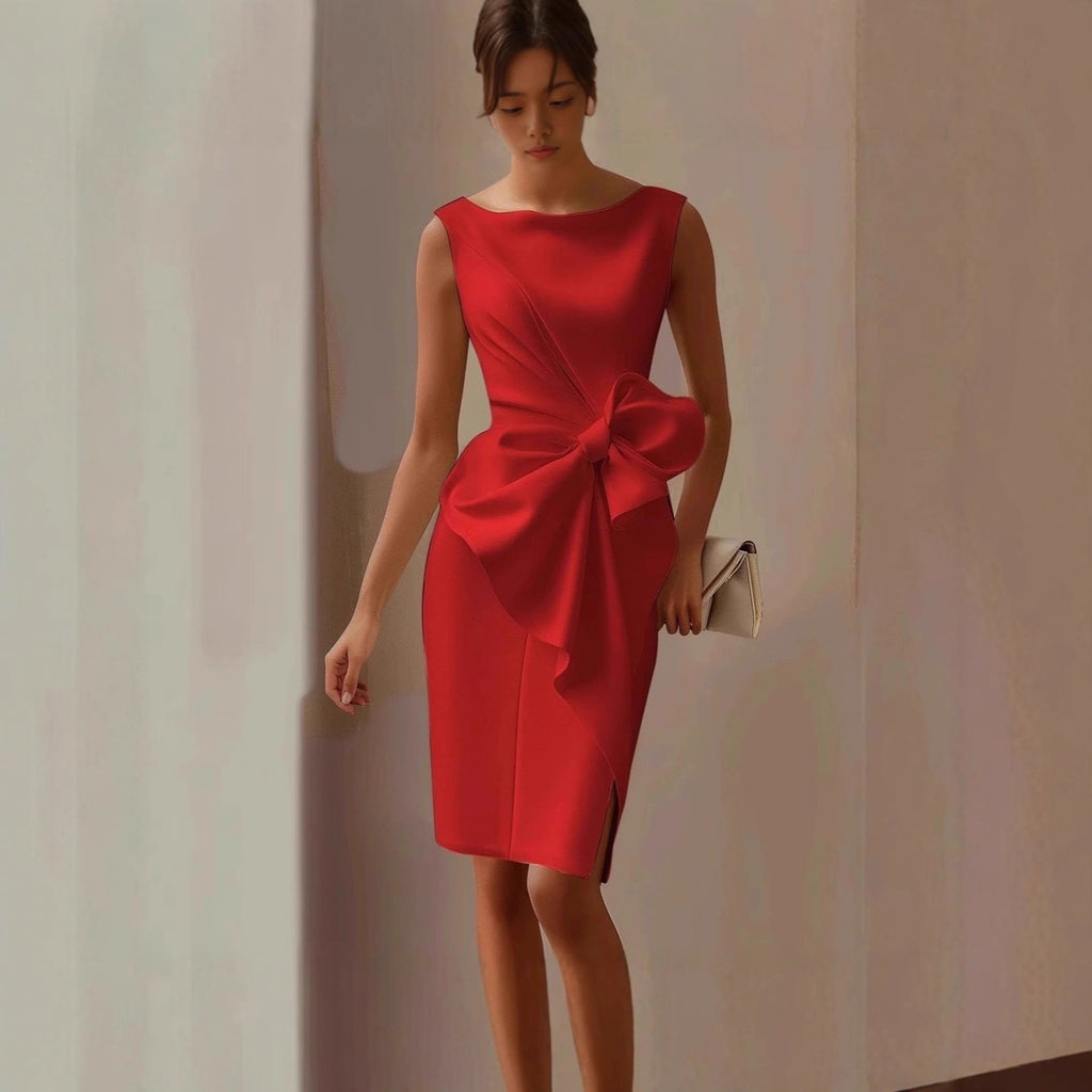 Rochie Midi Fără Mâneci cu Fundă la Modă