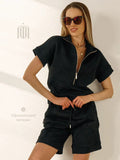 Set de hanorac și pantaloni scurți, monocolor, largi, versatili, casual, cu guler rotund, pentru femei