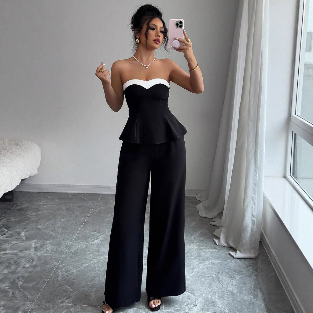 Set Damă Elegant cu Vestă Off-the-shoulder și Pantaloni Cu Croială Largă