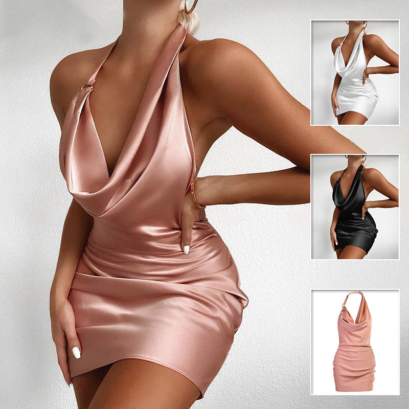 Rochie de petrecere din satin, decolteu în V, fără spate, mini, fără mâneci, pentru vară