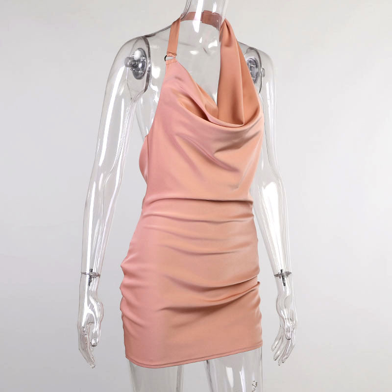 Rochie de petrecere din satin, decolteu în V, fără spate, mini, fără mâneci, pentru vară