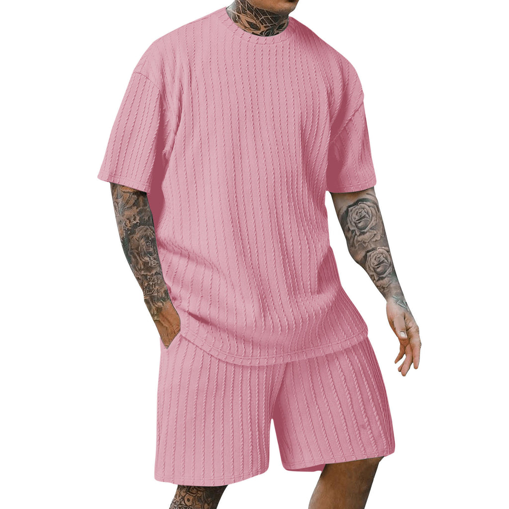 Set din două piese bărbătesc, sport, uni, cu tricou cu decolteu rotund și model vertical
