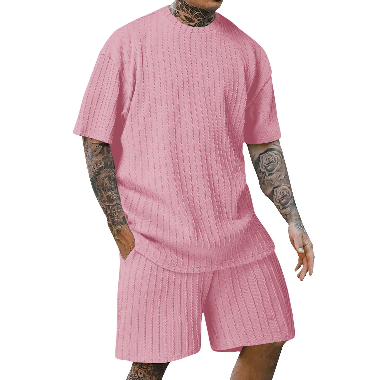 Set din două piese bărbătesc, sport, uni, cu tricou cu decolteu rotund și model vertical