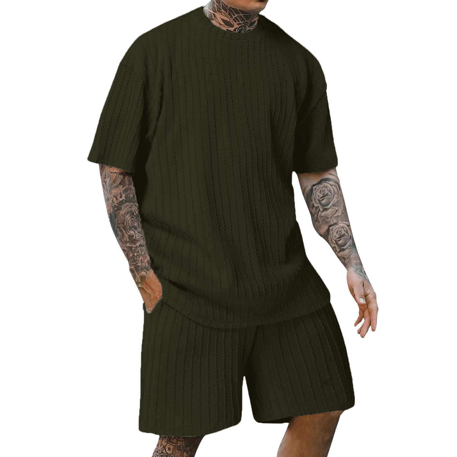 Set din două piese bărbătesc, sport, uni, cu tricou cu decolteu rotund și model vertical