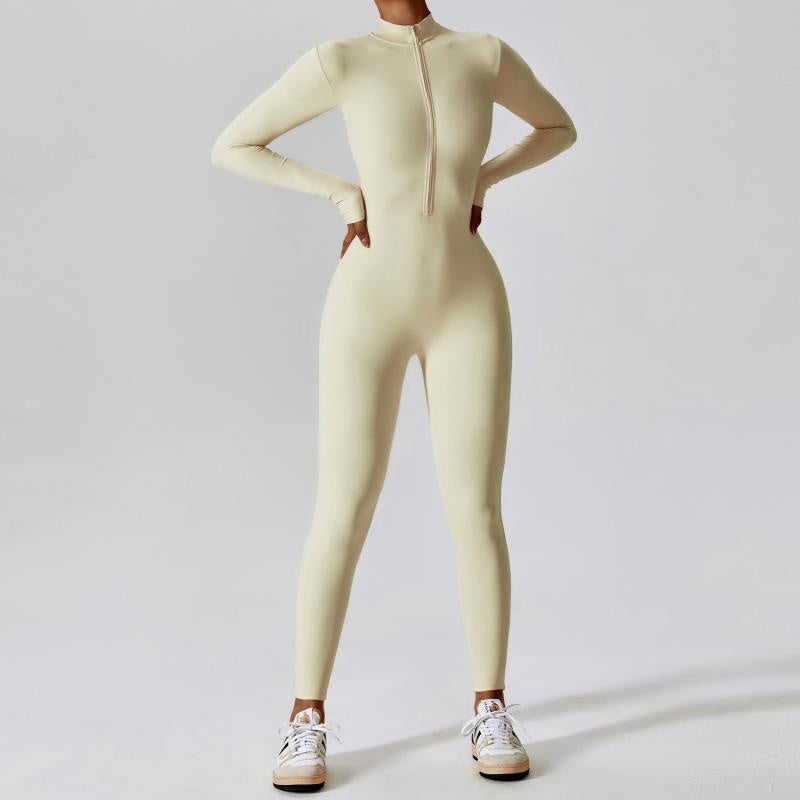 Salopetă cu fermoar, mâneci lungi, pentru yoga, fitness, pantaloni de antrenament, colanți, salopetă sport fără cusături, mulată pe șolduri, pentru femei