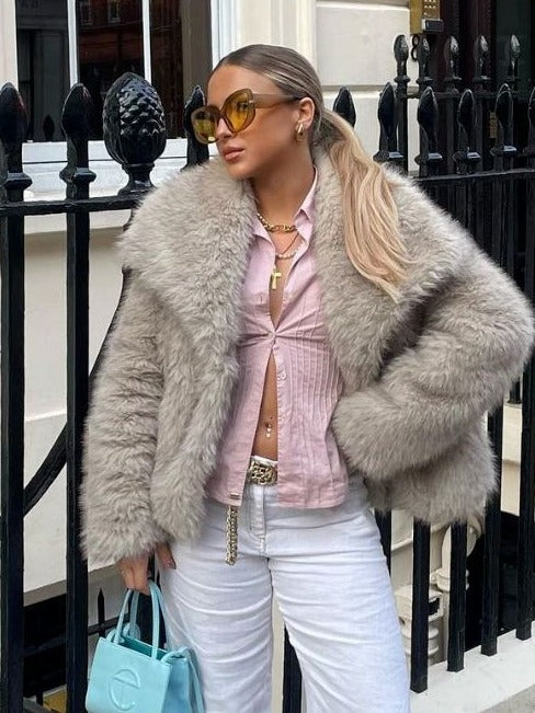 Jachetă de iarnă tip palton, pufoasă, groasă și călduroasă, cu rever, model fashion, mânecă lungă, casual, îmbrăcăminte de damă