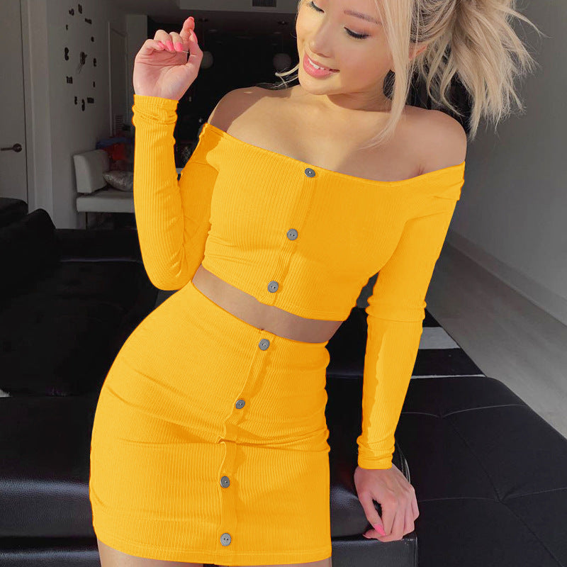 Set de modă pentru femei, sexy, cu umerii goi, cu nasturi, mulat, 2 piese, top cu mânecă lungă și fustă, seturi de vară toamnă