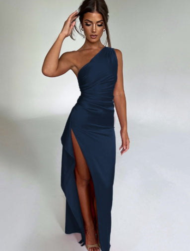 Rochie sexy, fără mâneci, cu un umăr, fără spate, cu șliț, elegantă, de vară, mulată, din satin, de culoare uni, pentru femei
