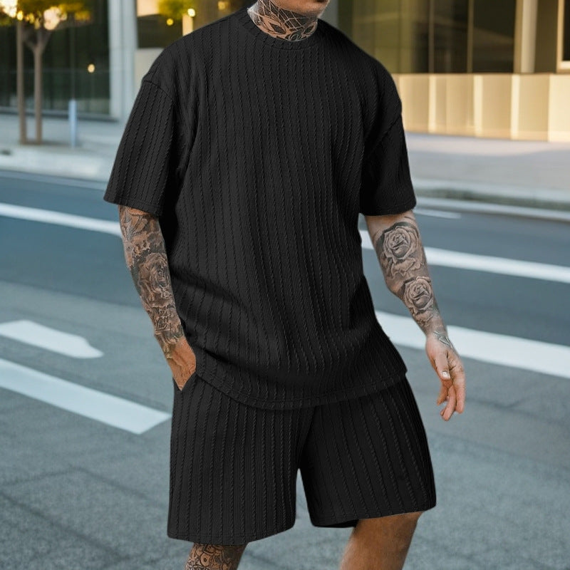 Set din două piese bărbătesc, sport, uni, cu tricou cu decolteu rotund și model vertical