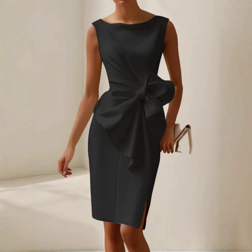 Rochie Midi Fără Mâneci cu Fundă la Modă