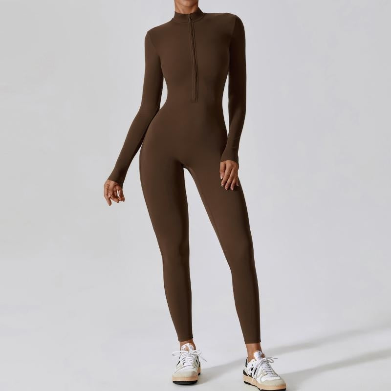Salopetă cu fermoar, mâneci lungi, pentru yoga, fitness, pantaloni de antrenament, colanți, salopetă sport fără cusături, mulată pe șolduri, pentru femei