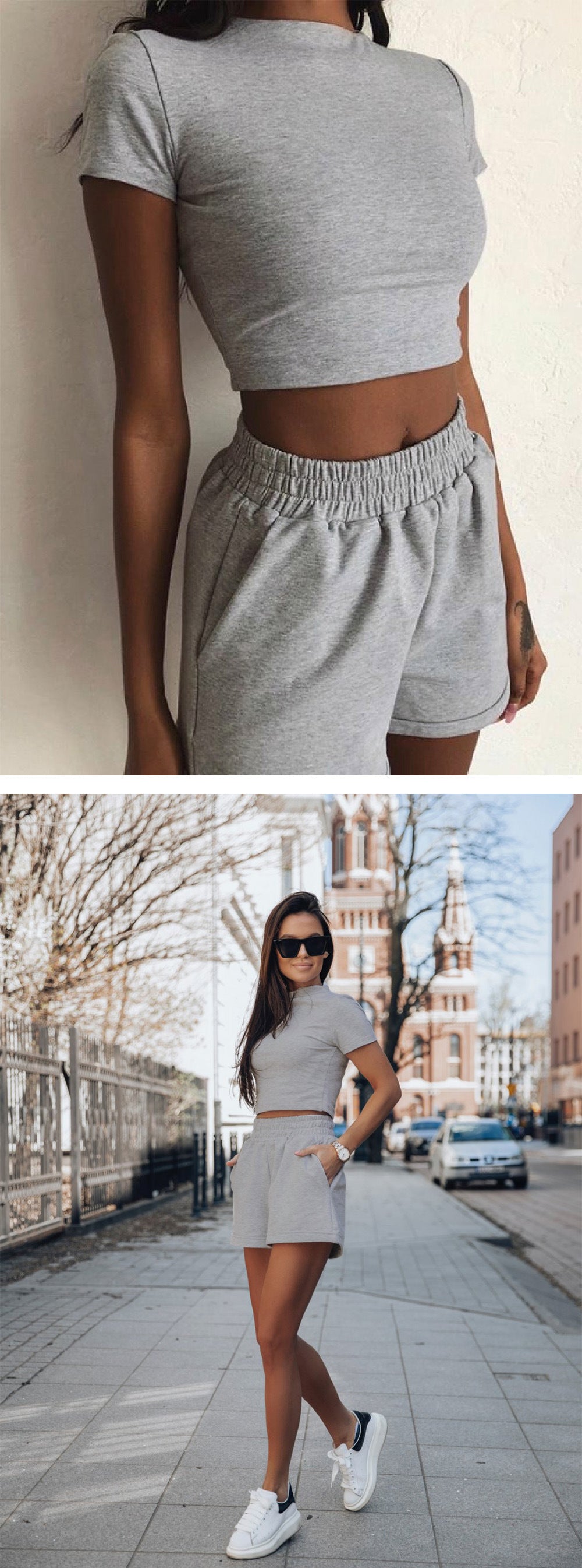 Costum de primăvară pentru femei, din două piese, cu mânecă scurtă, talie înaltă și pantaloni scurți, croi scurt
