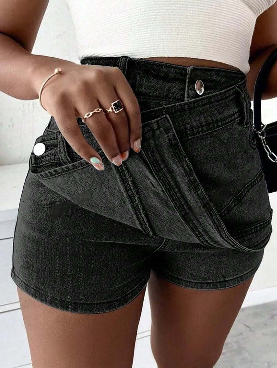Pantaloni scurți-fustă din denim stil grunge punk de stradă, noi, vintage, elastici, cu talie suprapusă, înfășurați, cu tiv asimetric, croială A-line, skinny, haine de Halloween, blugi