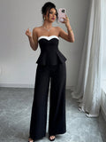 Set Damă Elegant cu Vestă Off-the-shoulder și Pantaloni Cu Croială Largă