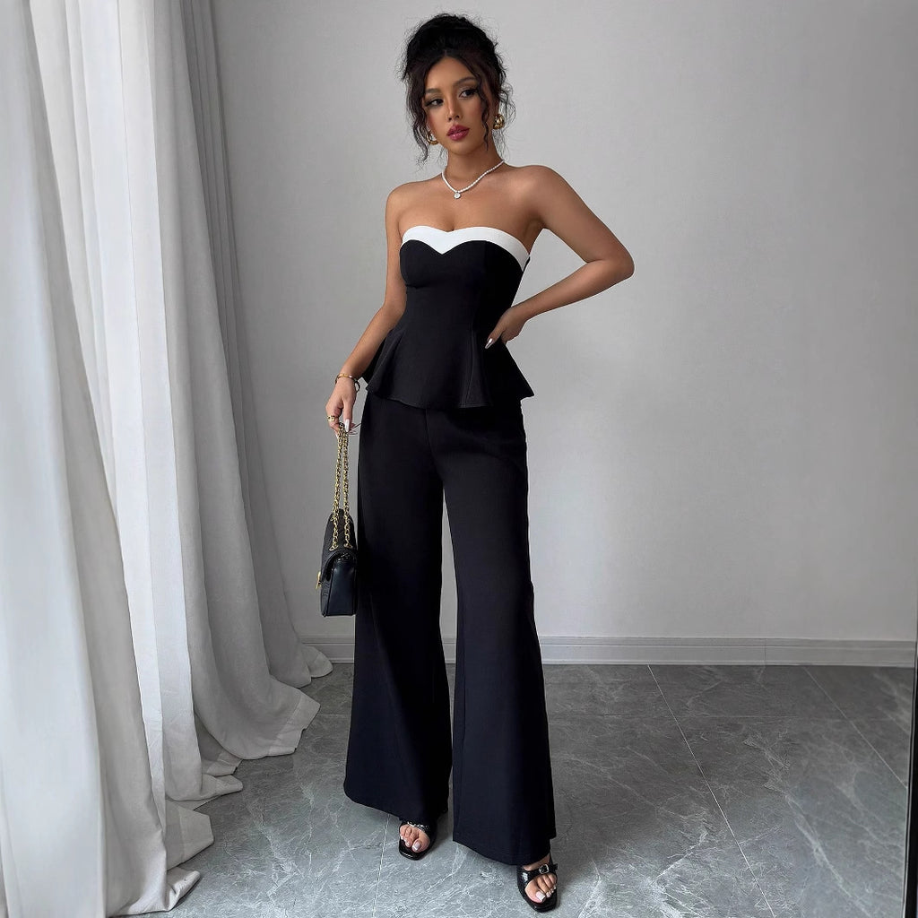 Set Damă Elegant cu Vestă Off-the-shoulder și Pantaloni Cu Croială Largă